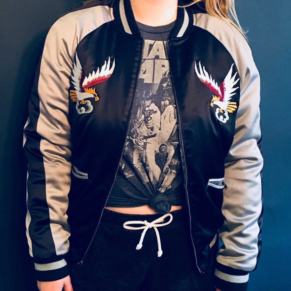 Express Satin Bomber Jacket size small blue&gray